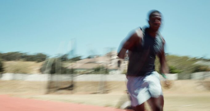 Running, speed and black man with fitness, stadium and cardio with challenge, endurance and motion blur. Fast, African person and runner with energy, training and practice for competition or marathon