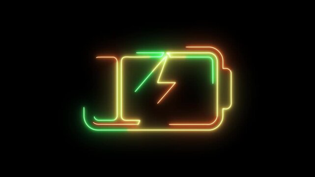 Neon glowing battery charging icons set isolated on black background for digital interface design elements