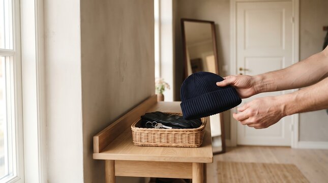 Man hands tidily placing dark blue knitted beanie hat into a woven wicker basket with keys and black gloves on wooden console table.