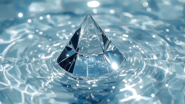 Clear glass pyramid shape sitting in rippling blue water creating concentric circular waves