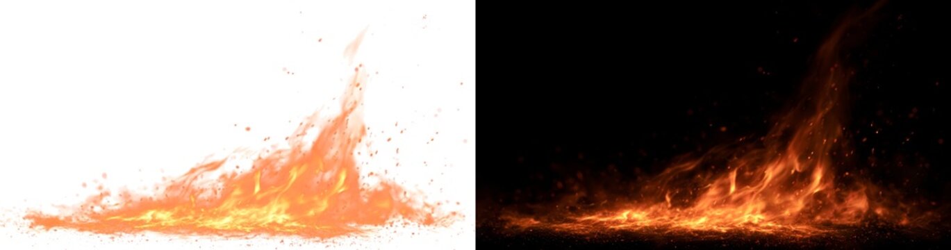 Fire burst with blazing flames, flying sparks and intense heat.