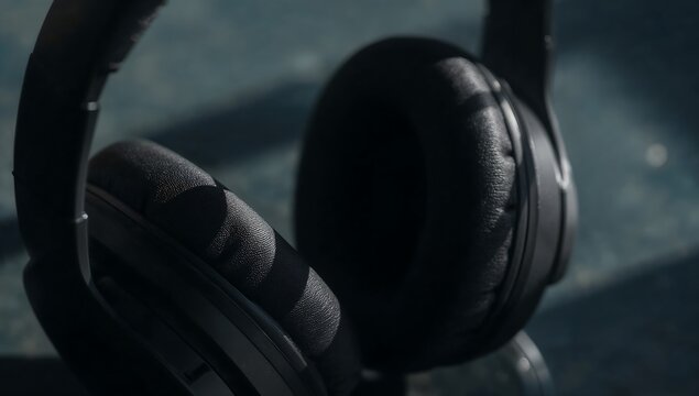 Close up of black over ear headphones resting on a dark surface with soft dramatic lighting