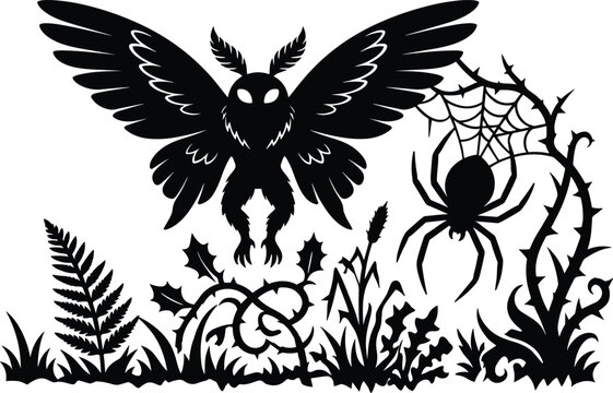 Spooky Mothman Mythical Creature and Spider Web Silhouette Scene for Horror Graphic Design