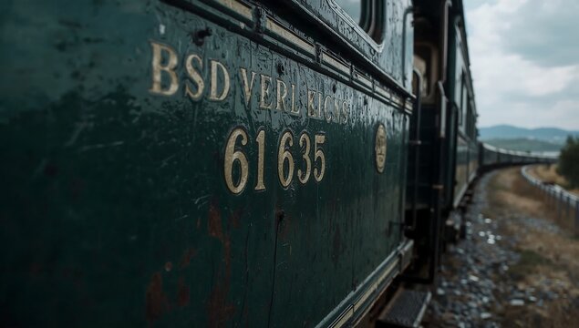 Close up of a weathered green vintage train car exterior with metallic gold lettering details