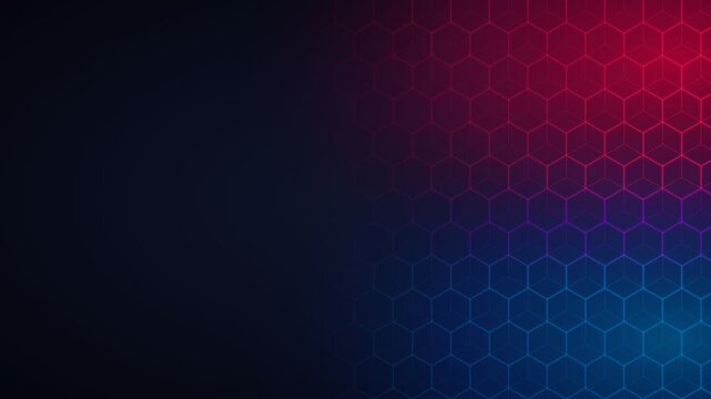 Dynamic hexagonal pattern with a vibrant red and blue gradient fading into a dark, mysterious background, perfect for modern digital designs and technology themes