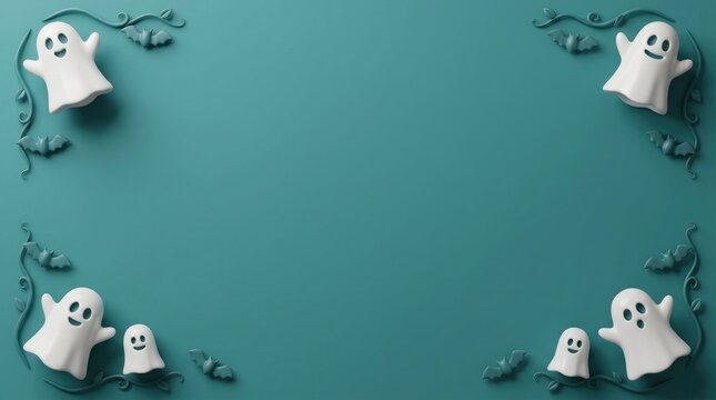 Cute halloween ghosts arranged in a frame on a teal background