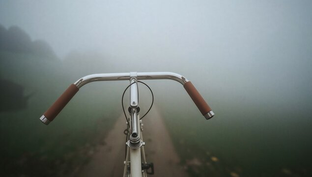 First person view of a vintage bicycle handlebars riding along a path in thick morning fog