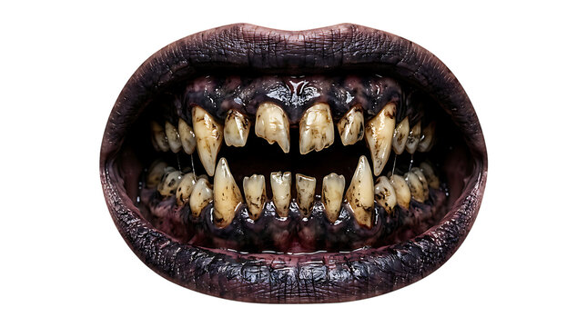 A close up of a terrifying monster mouth with sharp jagged teeth and dark decaying gums isolated on transparent background