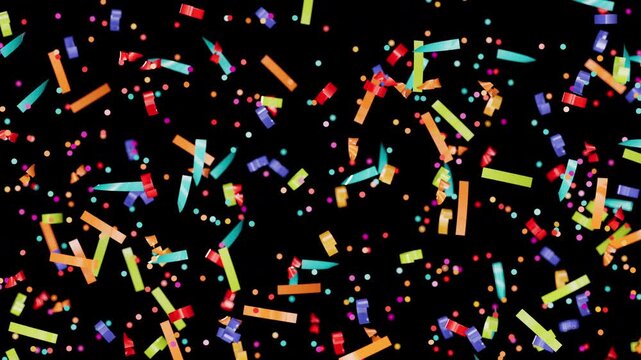 Vibrant festive paper strips and sparkling dots create a joyful atmosphere.