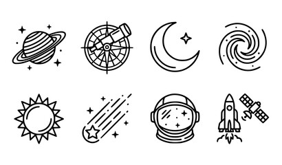 Space Exploration and Astronomy Icon Set featuring Rocket Ship Astronaut Helmet Telescope Planets and Stars for Educational Materials Apps and Website Designs © TOHURA