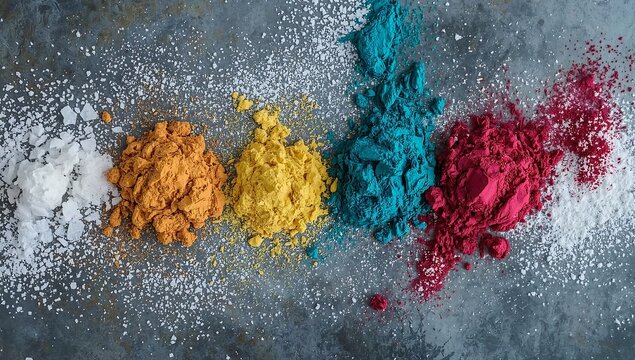 Five vibrant piles of colorful powdered pigment arranged in a row on a dark textured background