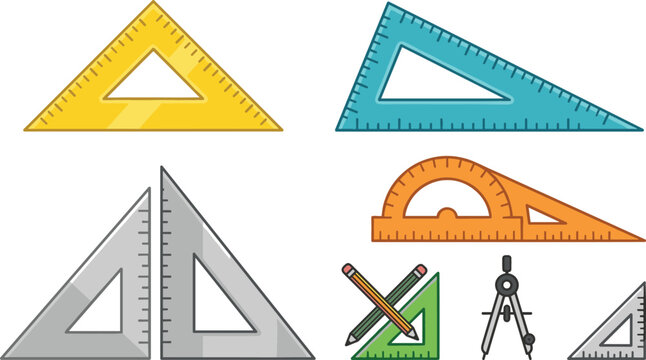 Set Square and Triangle Ruler Vector Element Set with Protractor Compass and Pencil Graphics for Math Geometry Drafting and Architecture Design