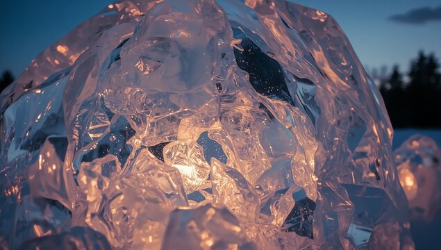 Glowing ice sculpture illuminated from within during a cold winter evening outside at dusk