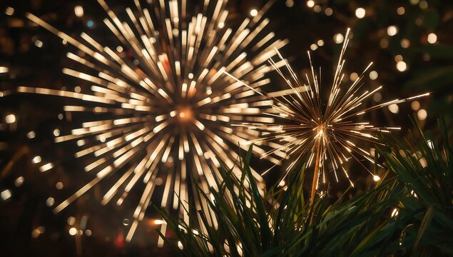 Golden fireworks exploding in the night sky above dark pine tree branches during a celebration