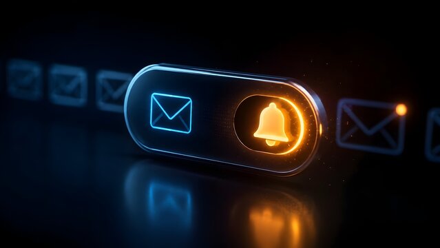 Digital glowing toggle switch button displaying email and notification bell icons for modern communication interface and messaging alerts