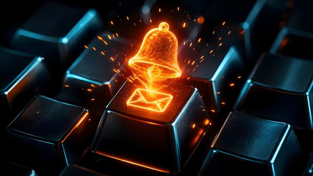 Glowing orange digital bell notification and email envelope icons emerging from black computer keyboard representing urgent message alerts and online communication