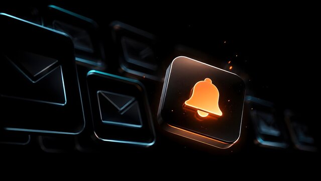 Floating 3D black square tiles showing a highlighted glowing orange notification bell icon among multiple dark email envelope icons
