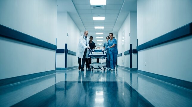 Ultra-realistic cinematic photograph of an emergency medical team transporting a patient on a wheeled hospital stretcher through a long modern hospital corridor.