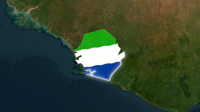 Sierra Leone nation flag overlay on satellite map motion animation video