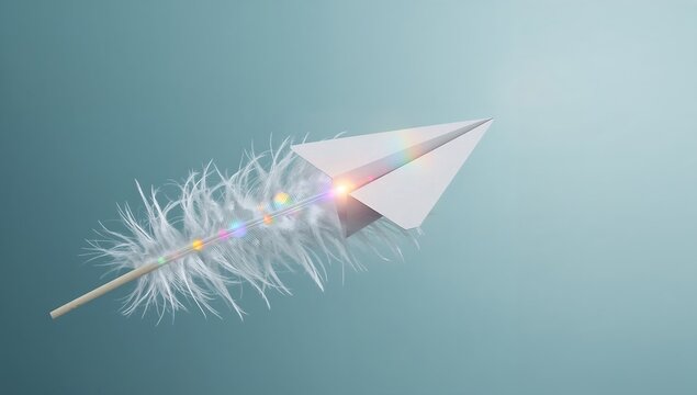 Paper airplane transforming into a soft white feather with a subtle rainbow light flare effect