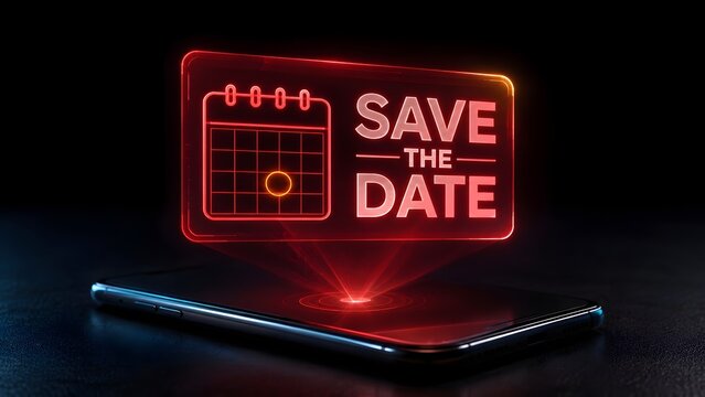Smartphone projecting a red holographic save the date calendar for event planning and digital schedule reminders