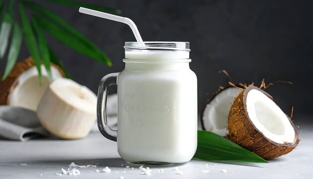 Fresh coconut water with tropical fruit and glass.