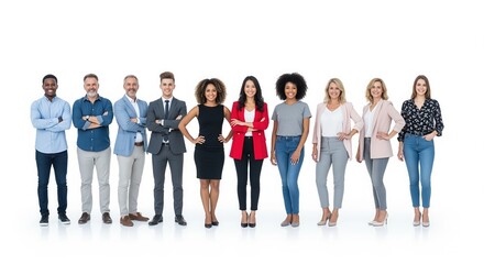 Obraz premium Ten professional men and women in business attire standing together against a white background. Ideal for corporate presentations, team websites, and business communications.