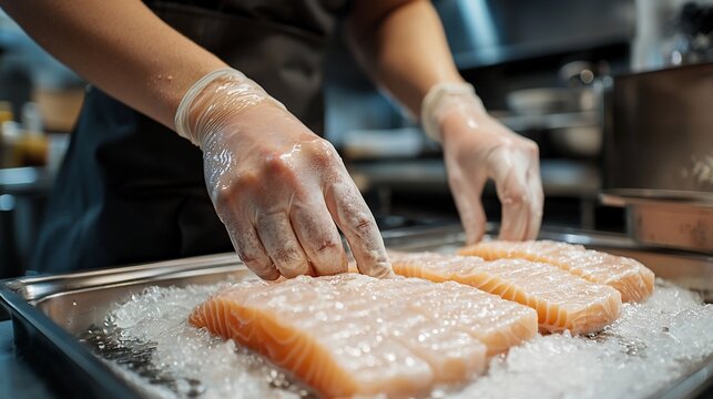 Close-up of chef's hands preparing fresh salmon fillets on ice.