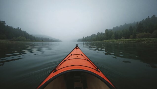Point of view shot from a red kayak paddling across a calm misty lake surrounded by forest
