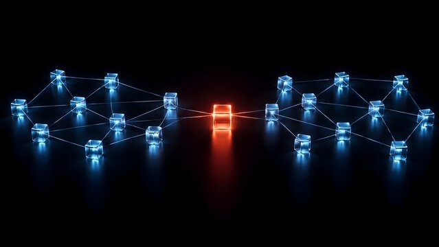Glowing orange digital cube bridging two blue network clusters representing data integration blockchain technology and secure communication