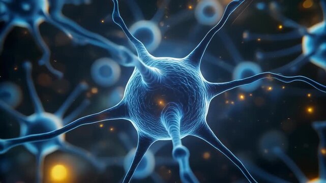 detailed 3d visualization of neural cells transmitting signals in blue and orange hues