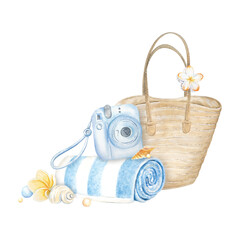 A watercolor composition themed around a beach vacation. A bag, towel, and accessories for relaxing by the sea, ocean, or pool. Plumeria and shells are hand-painted. A camera for a trip with friends © Evgeniia