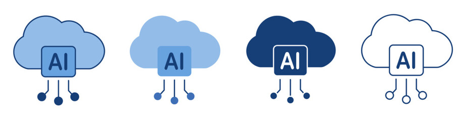 Obraz premium AI Cloud Computing Microchip Icons Set with Artificial Intelligence Chip and Circuit Network Nodes Blue Line and Solid Symbol Isolated on White Background