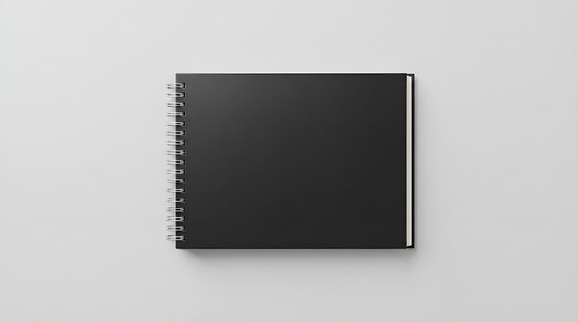 Minimalist black spiral notebook mockup, landscape hardbound sketchbook on gray background, professional portfolio cover for branding