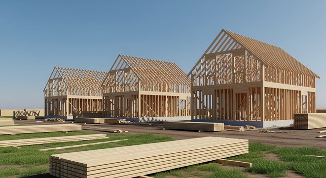 Three timber-framed houses under construction on flat landscape. Wooden frames show skeletal building stages with exposed beams and trusses. Lumber stacks visible in foreground.