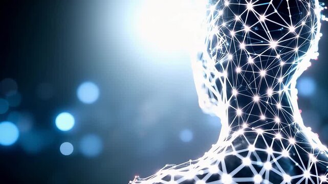 光るネットワークで構成された人間の頭部とデジタルテクノロジー