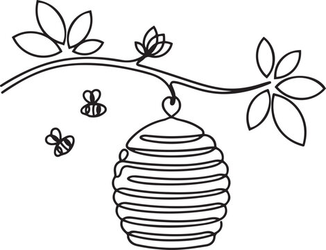 Beehive Hanging from Tree Branch with Leaves, Nature and Beekeeping One Line Art. one line art icon darwing vector