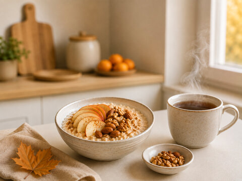 Cozy Autumn Oatmeal Breakfast with Apples, Nuts and Hot Tea