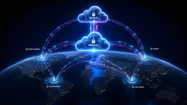 Global cloud computing network with secure primary and backup data storage servers connected across the Earth