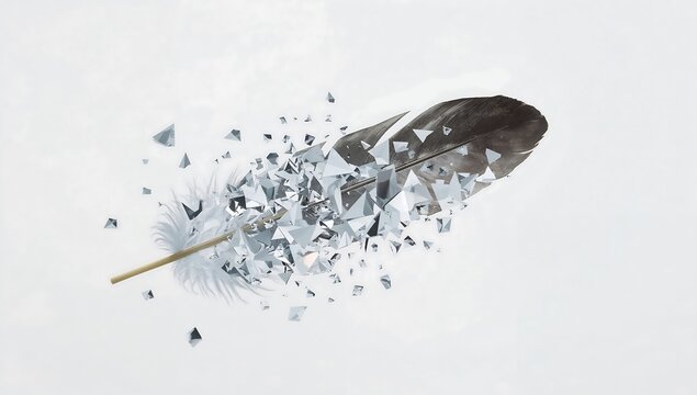 Single bird feather disintegrating into small geometric glass shards on a white background
