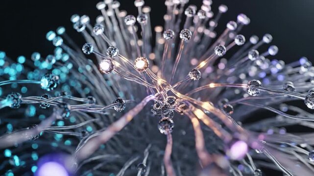 Close up abstract dynamic glowing fiber optic light strands in dark background