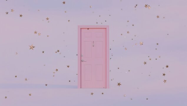 Single closed pink door standing in a surreal landscape with floating golden star confetti