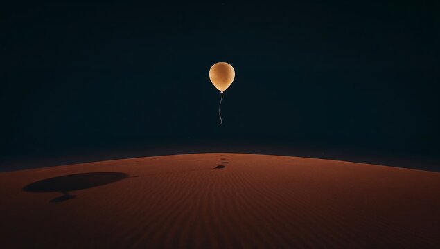 Single glowing golden balloon floating above a dark desert sand dune under night sky