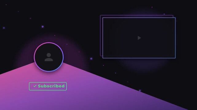Futuristic neon gradient video outro template with profile placeholder subscribed button and media frame for channel ending