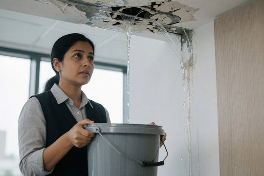 Woman holding bucket under severe leaking ceiling