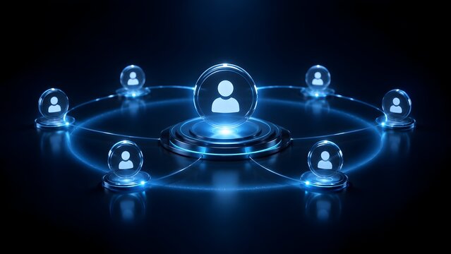 Centralized digital network structure with a prominent glowing blue user icon surrounded by connected team members representing leadership and corporate hierarchy