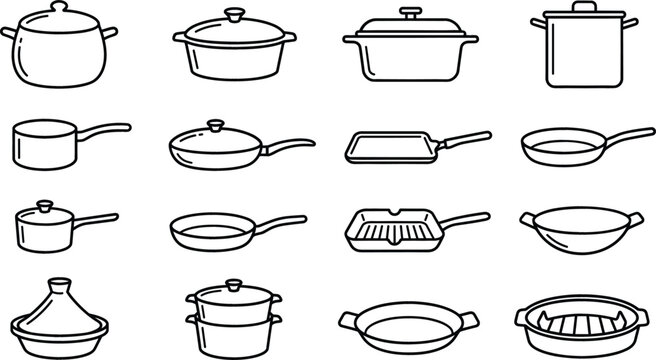 Kitchen cookware and pans line icon set with pots frying pan wok griddle pot lid and tajine