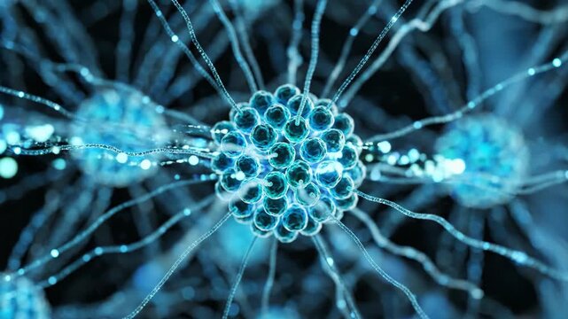 Detailed microscopic view of virus particles and molecular structures in blue tones