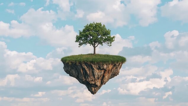 Solitary green tree growing on a floating rock island suspended in a bright blue cloudy sky