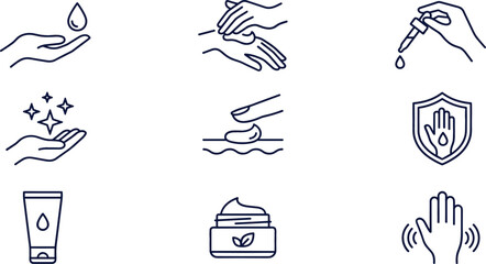 Obraz premium Skin Care and Hand Hygiene Line Icon Set Featuring Moisturizer Cream Application Dropper Serum Antibacterial Protection Shield and Cosmetic Tube Symbols